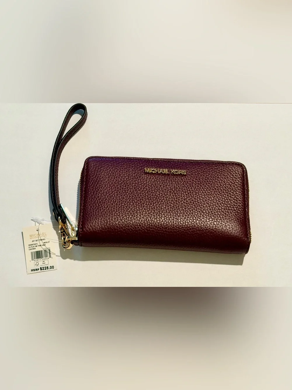 New Michael Kors Pebbled Leather Zip Wristlet Wallet in Burgundy Wine